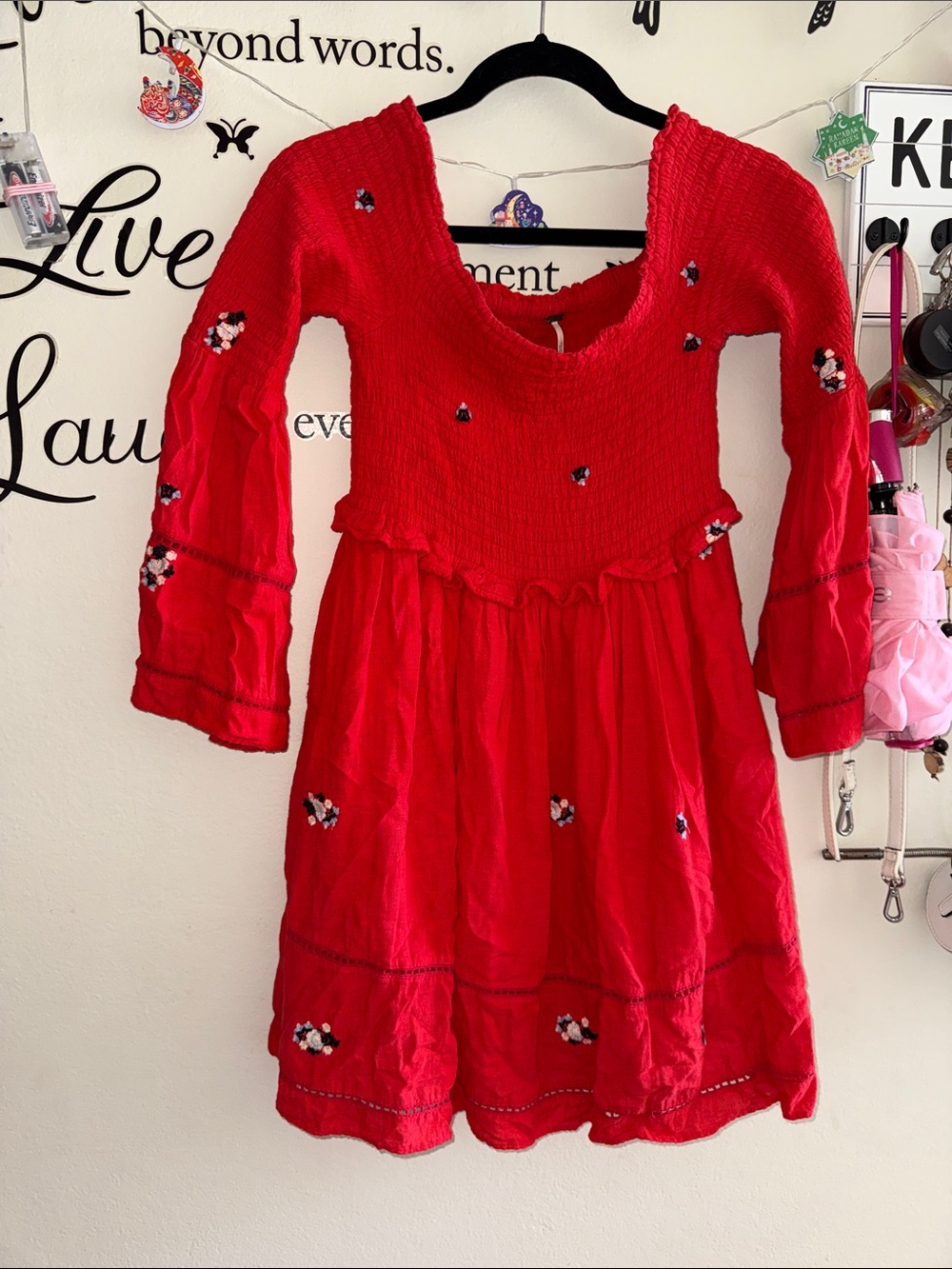 Free People Girls Red Embroidered Smocked Casual Dress